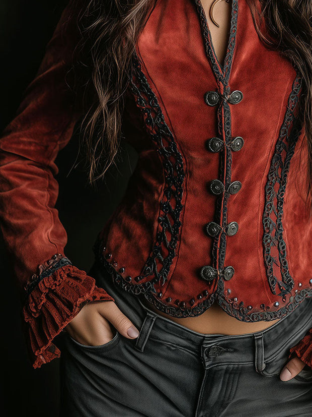 Vintage Rust Red Velvet Jacket With Lace Trim And Ruffled Cuffs