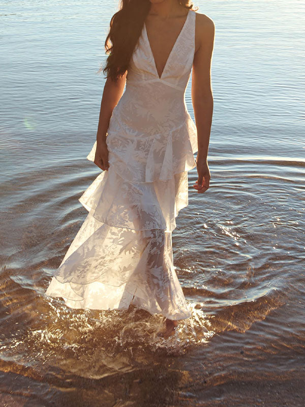 V neck tiered lace maxi dress