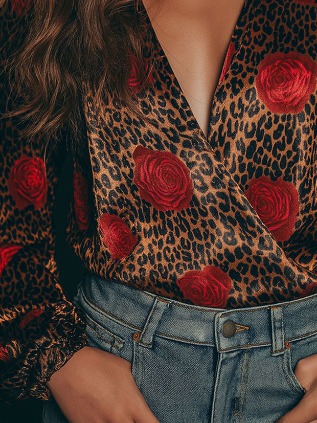 Elegant Rose Pattern And Leopard Print Satin Wrap Blouse