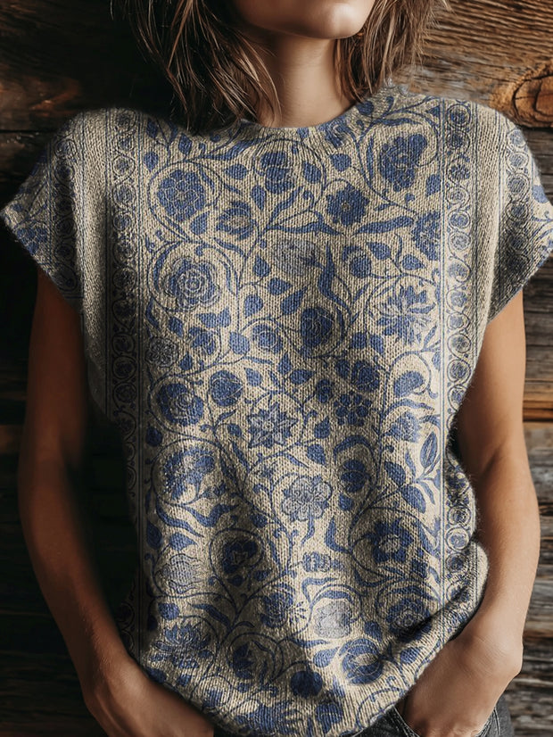 Women's Floral Tattoo Pattern Art Print Casual Crew Neck Short Sleeve Knit Sweater