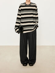 Wide Stripe Wool Knit Sweater for Women – Soft and Cozy Round Neck Pullover for Autumn/Winter