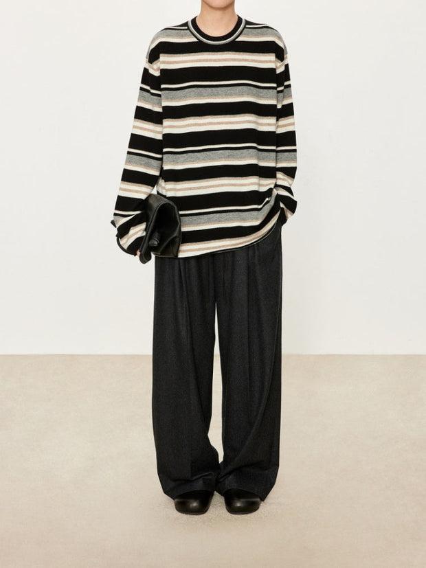 Wide Stripe Wool Knit Sweater for Women – Soft and Cozy Round Neck Pullover for Autumn/Winter