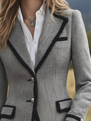Elegant Herringbone Tweed Tailored Blazer With Contrast Trim