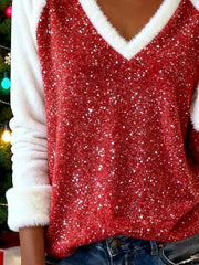 Women'S Casual Plush Contrast Color Stitching Christmas Top