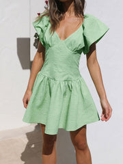 V neck solid color dress
