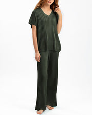 V-neck loose top + pleated wide-leg pants two-piece set