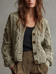 Sage Chunky Twisted Knit Cardigan With Gold Buttons