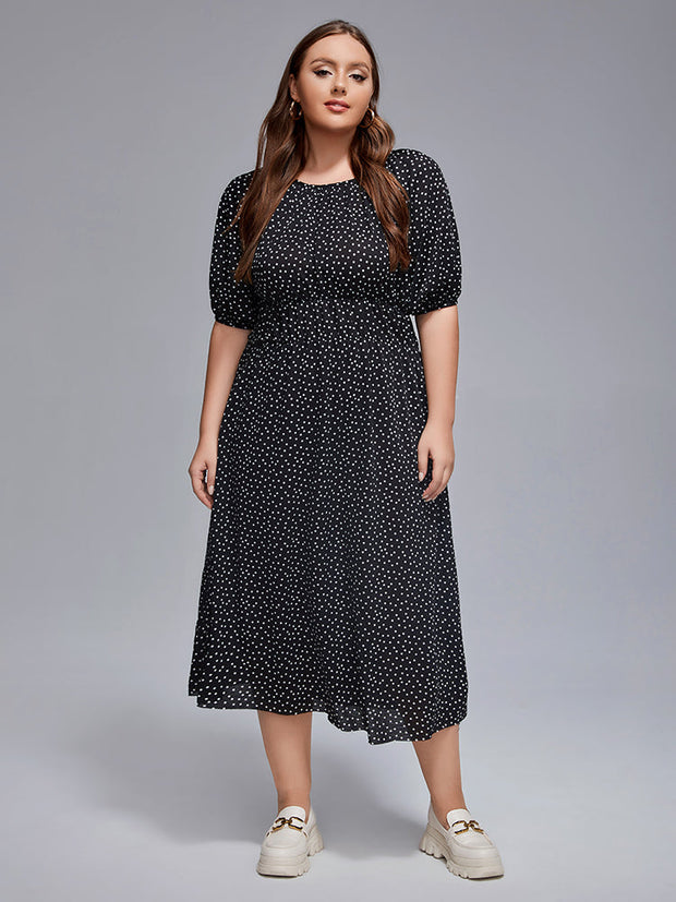 Plus Polka Dot Round Neck Puff Sleeve Midi Dress