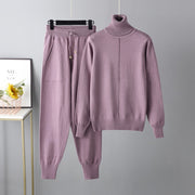 Turtleneck solid color sweater knitted two-piece set