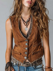 Washed Caramel Denim With Brass Button Stitching Vest