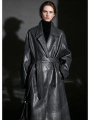 Women’s Sheepskin Leather Trench Coat – Niche Fashion Loose-Fit Mid-Length Stylish Leather Outerwear