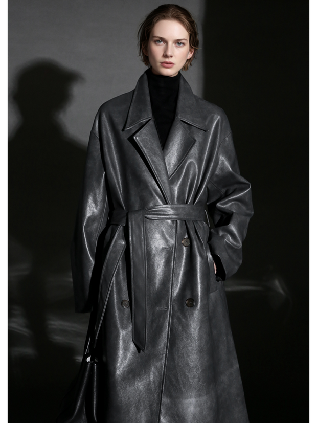 Women’s Sheepskin Leather Trench Coat – Niche Fashion Loose-Fit Mid-Length Stylish Leather Outerwear