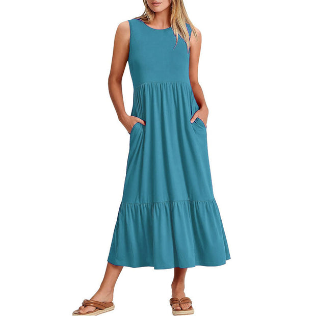 Women Summer Casual Sleeveless Pocket Sundress Maxi Long Beach Dresses