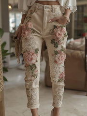 Women's Vintage Rose Embroidery Art Casual Jeans