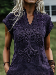 Vintage Viking Life Of Tree Celtic Embroidered Linen Blend Shirt