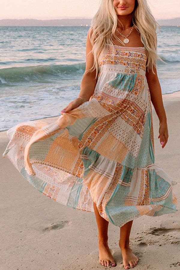 Multicolor Boho Patchwork Print Square Neck Sundress