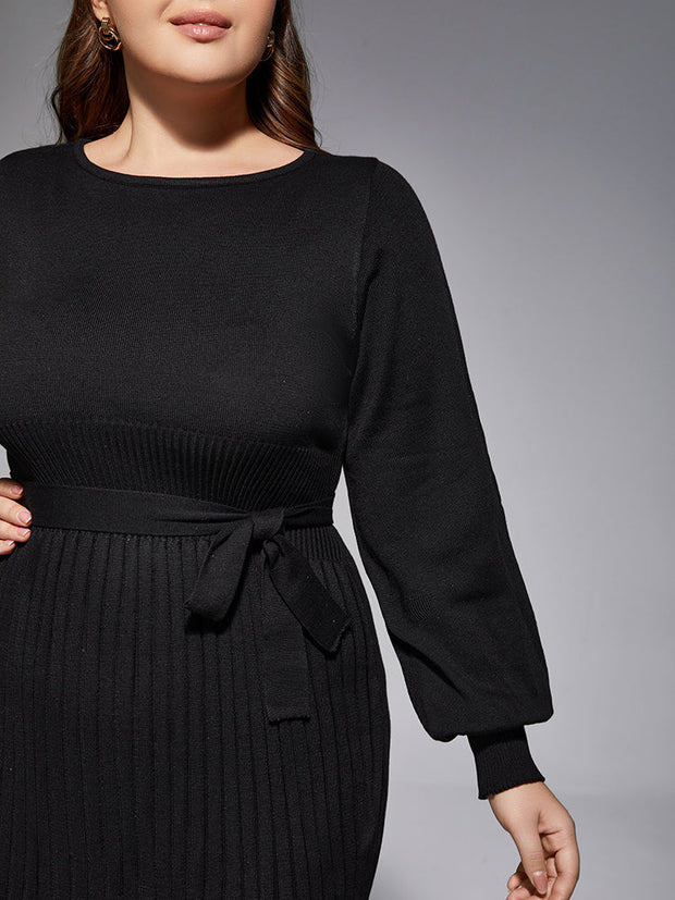 Plus Black Solid Tie Lantern Sleeves Midi Knit Dress