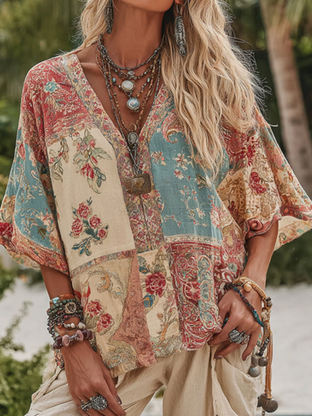 Women's V Neck Boho Floral Art Casual Shirt