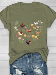 Wild Flowers And Chickens Printed Crew Neck Women's T-shirt