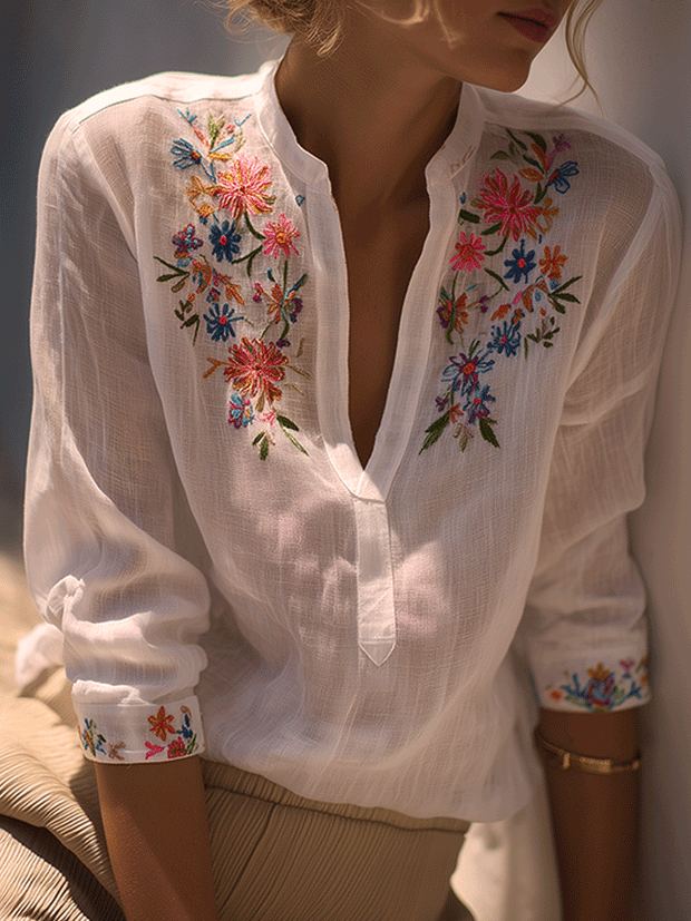 Bohemian Floral Embroidered White Shirt