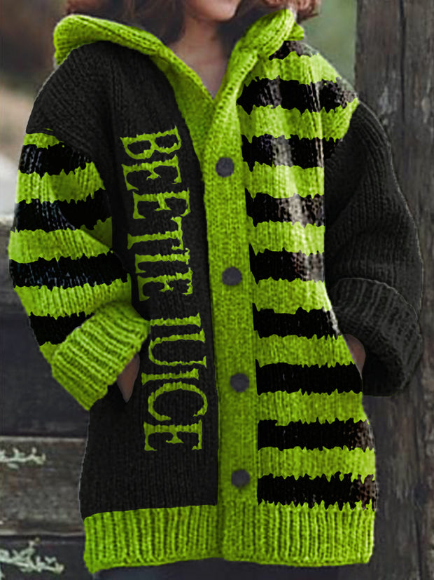 Halloween Horror Movie Striped Cozy Knit Hooded Cardigan