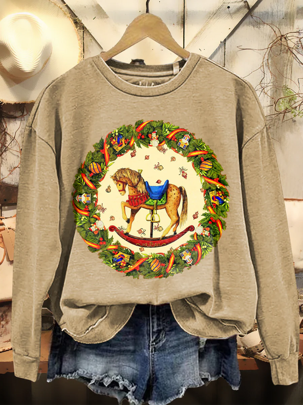 Women's Retro Christmas Art Print Casual Long Sleeve Crew Neck Sweatshirt