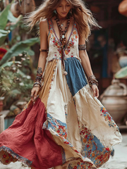 Women's Vintage Floral Patchwork V-neck Dress