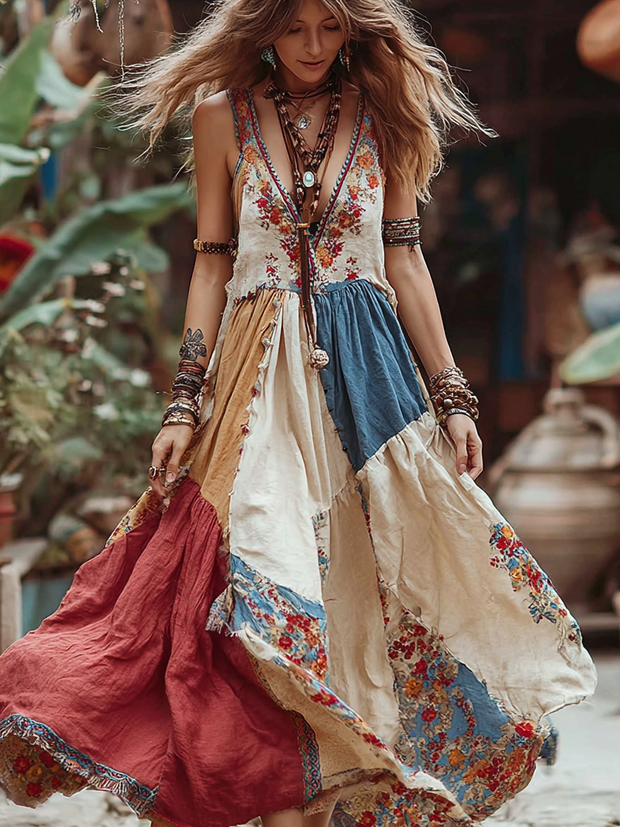 Women's Vintage Floral Patchwork V-neck Dress