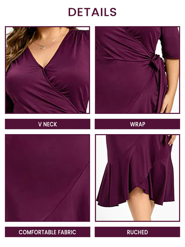 Plus Purple V-Neck Knot Side Wrap Party Midi Dress