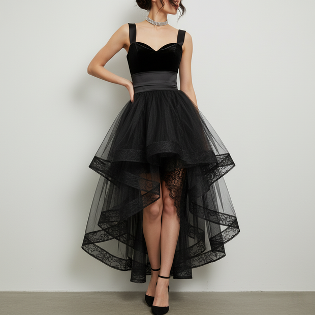 Gothic Glamour Black Tulle & Velvet High-Low Dress