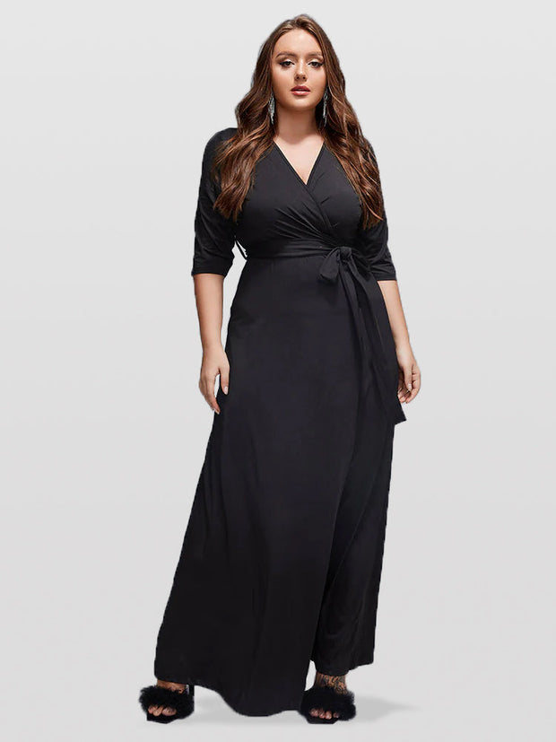 Plus V-Neck Tie Front Maxi Dress