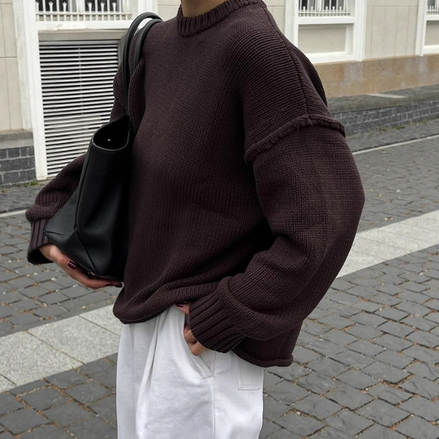 Round Neck Reverse Solid Color Casual Knitted Top