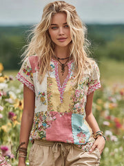 Women's Floral Embroidery Art V Neck Comfy Shirt