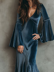 Bohemian Pleated Texture Velvet Flare-Sleeve Maxi Dress