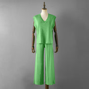 V-neck sleeveless knitted vest top + slit wide-leg pants two-piece set