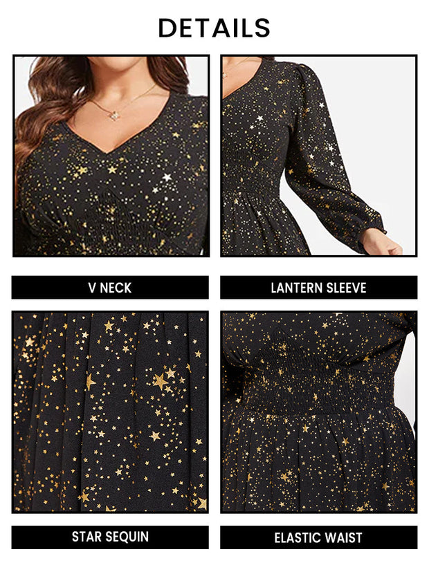 Star Pattern Lantern Sleeve Sequin Maxi Dress