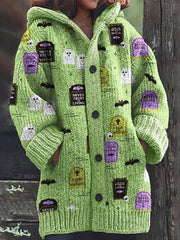 Halloween Horror Movie Inspired Pattern Cozy Knit Hooded Cardigan