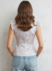 Lavender Floral Embroidered Pearl Button Vest