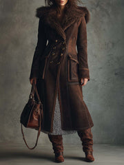 Vintage Brown Eco-Suede Coat with Full Shearling Lining and Fur Collar