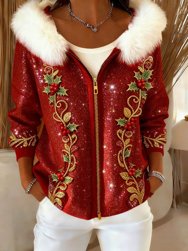 Women's Christmas Art Print Plush Knit Hoodie