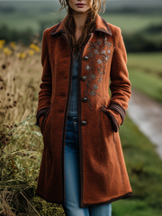 Retro Contrast Color Trim Embroidery Woolen Polyester Mid-Length Jacket