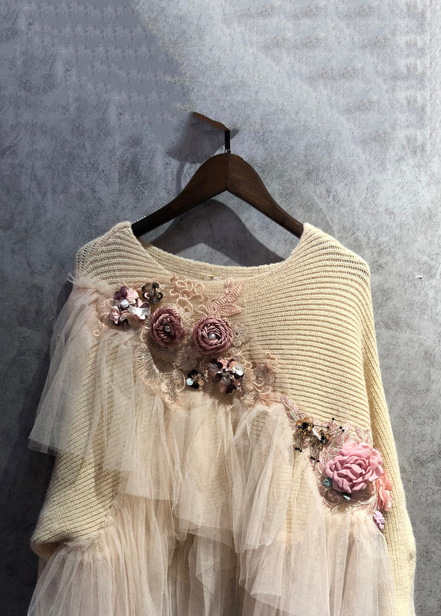 Art Beige O Neck Tulle Patchwork Knit Sweater Winter