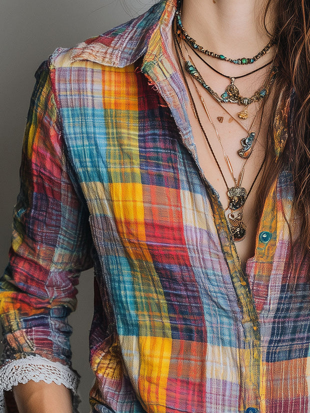 Colorful Plaid Print Lace Panel Blouse