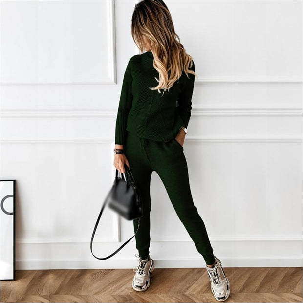 Ladies High-Neck Solid Color Fashion Casual Set