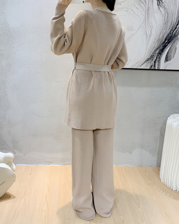 V-neck knitted cardigan jacket wide-leg pants two-piece set