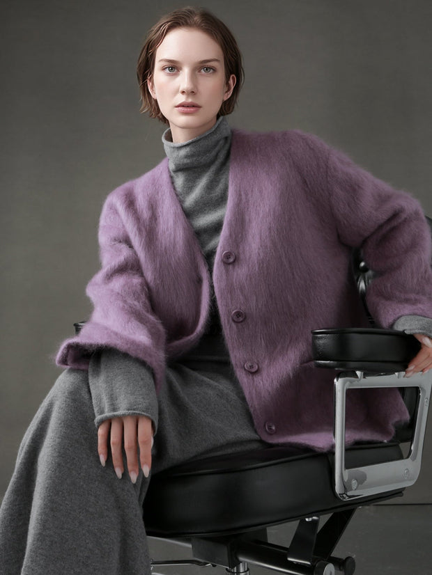 V-Neck Wool Coat for Women – Double-Faced Cashmere Blend Brushed Short Jacket, Elegant Autumn Winter Outerwear