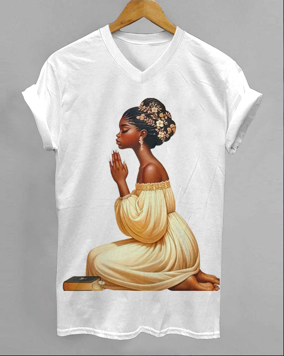 Black Girl Faith Sublimation V-neck Short Sleeve Shirt