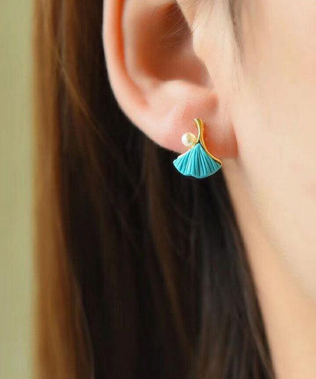 Regular Blue Sterling Silver Overgild Inlaid Pearl Turquoise Ginkgo Leaves Stud Earrings