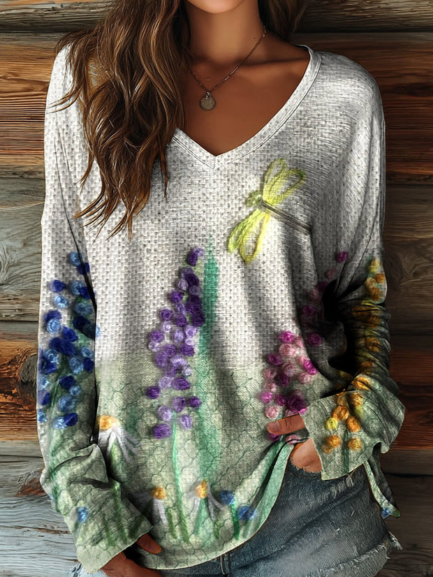 Women's Ethnic Floral Art Pattern Print Casual V-neck Long Sleeve T-shirt