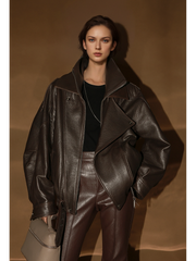 Vegetable-Tanned Goatskin Leather Jacket for Women – Double-Layer Genuine Leather Moto Coat for Fall Winter